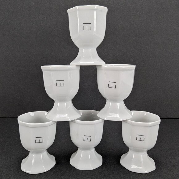 Vintage White Ceramic Egg Cups Set of 6 Breakfast Dining 13 EI Sideways on Cup - Picture 1 of 7